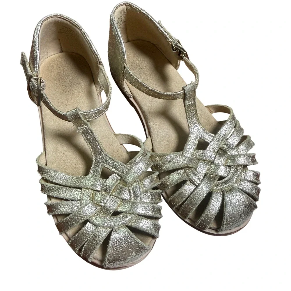 Next Direct‎ Girls Sz 10 Gold Metallic Woven Fisherman Boho T-Strap Sandals
